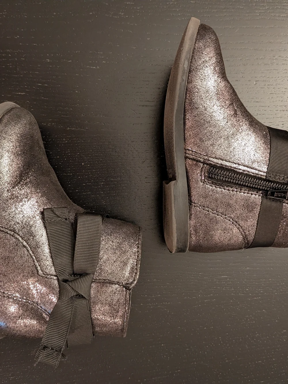 Metallic Black Girl's Ankle Boot with Side Bow